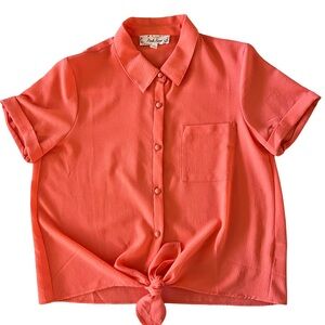 Pink Rose Coral Blouse collar Short tie detail Sleeve Blouse sz S